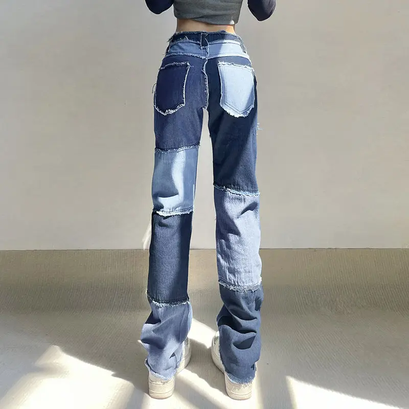 Jeans Striped Patchwork Rough Selvedge Street Oumeigao Steet Casual Hip Hop High Waist Loose Straight Jeans Women Fashion Jeans