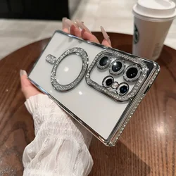 Electroplated Diamond Magnetic Magsafe Soft Clear Back Cover with Full Lens Protection for Samsung S23 (Silvery)