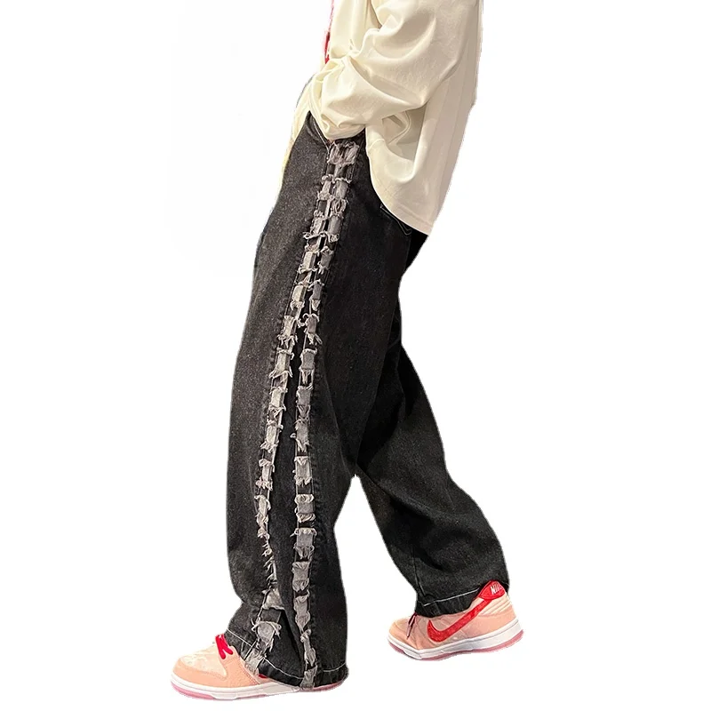 

Black Blue Color Washed Jeans Wide Leg Pants High-end Trimmings Decor