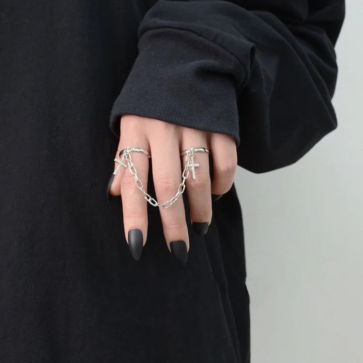 

New Opening Pentagram Ring Female Dark Personality Cross Chain Ring
