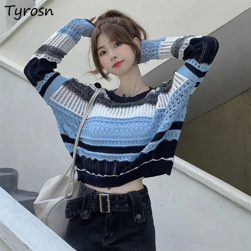 

Пуловеры женские свободные Элегантные вязаные модные простого универсального дизайна с вырезами в Корейском стиле для отдыха с круглым вырезом и защитой от солнца на лето