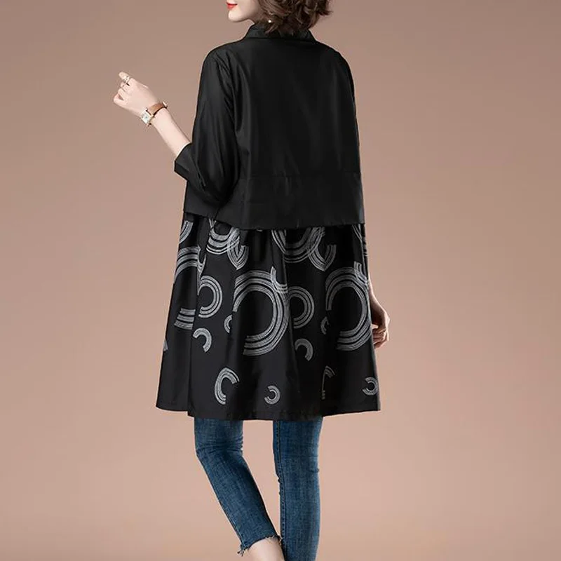 2023 New Spring and Autumn Fashion Commuting Simple Polo Collar Print Loose Relaxed Oversize Mid Length Windbreaker Coat
