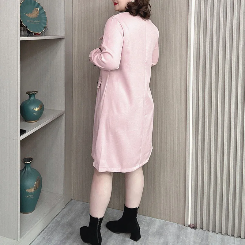 Fall New Plus Size Women Dress French Style Loose Fashion Chic Wind Bow V-Neck Pink Dress 3303