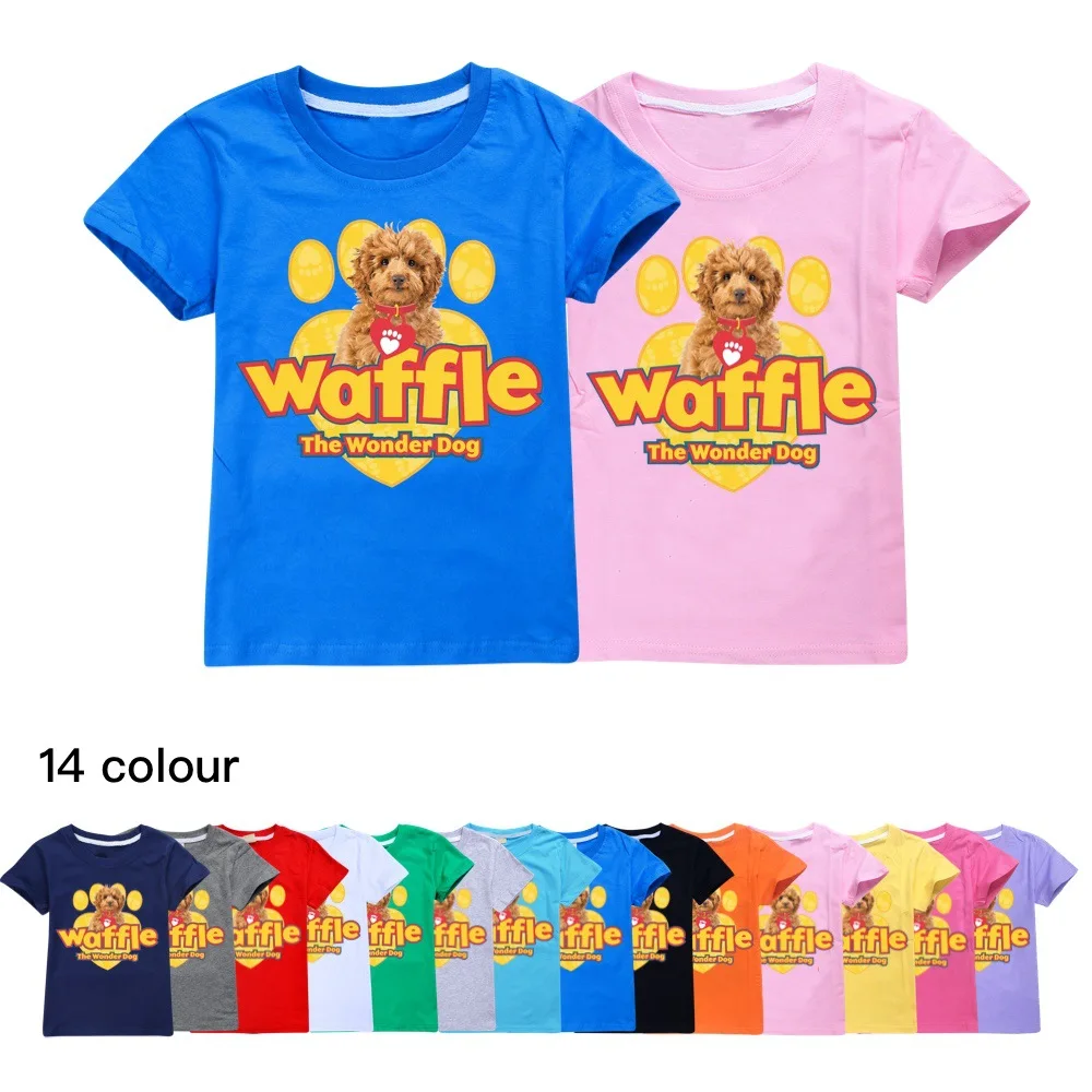 

2023 New Waffle The Wonder Dog Costume Kids Summer Clothes Baby Girls Short Sleeve Tops Boys T-Shirt Personality Custome Tshirts