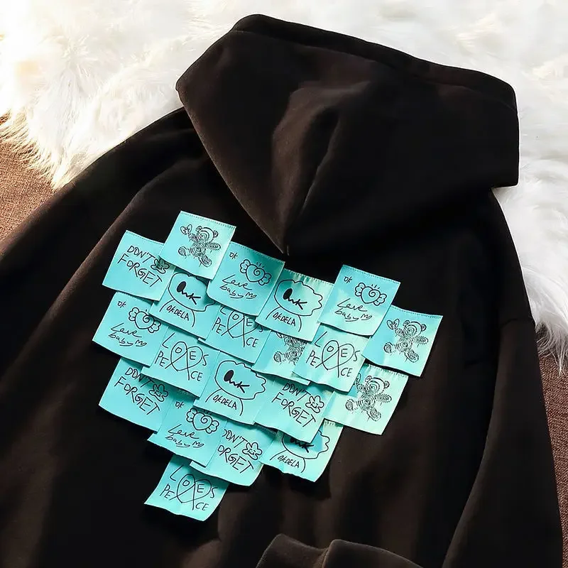 Sweaters For Women Autumn Hip-hop Heart-shaped Post-it Dark Oversize Female Long-sleeved Hoodies Cotton Loose Street Girl Trend