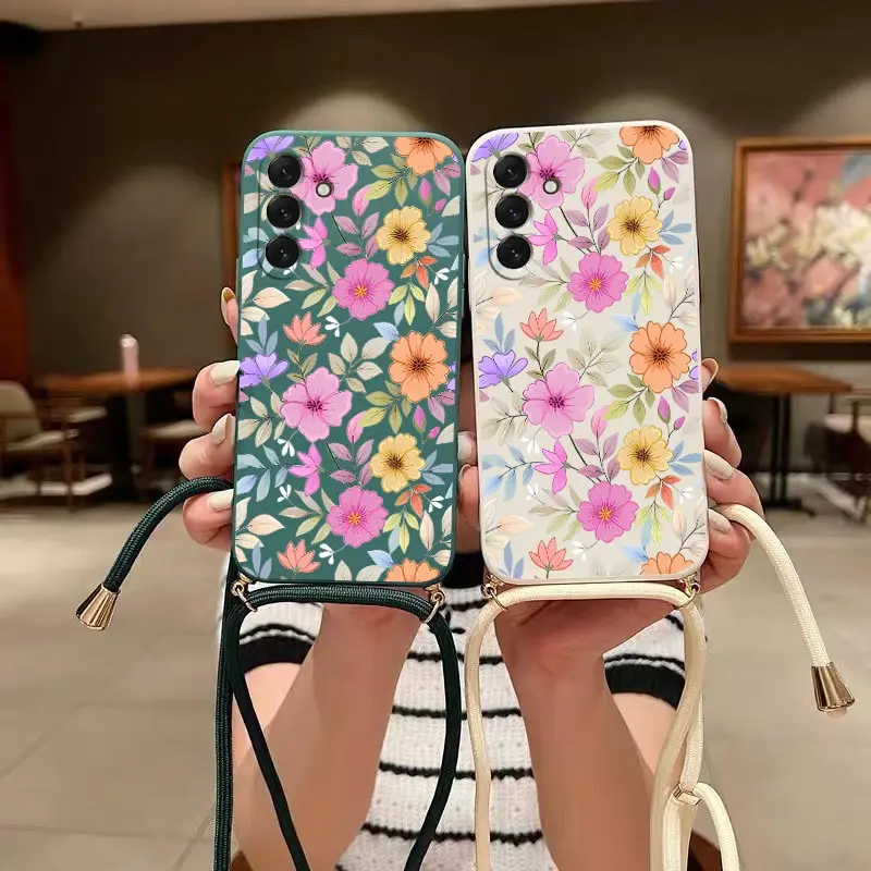 Purple Floral Lanyard Silicone Phone Case Cover