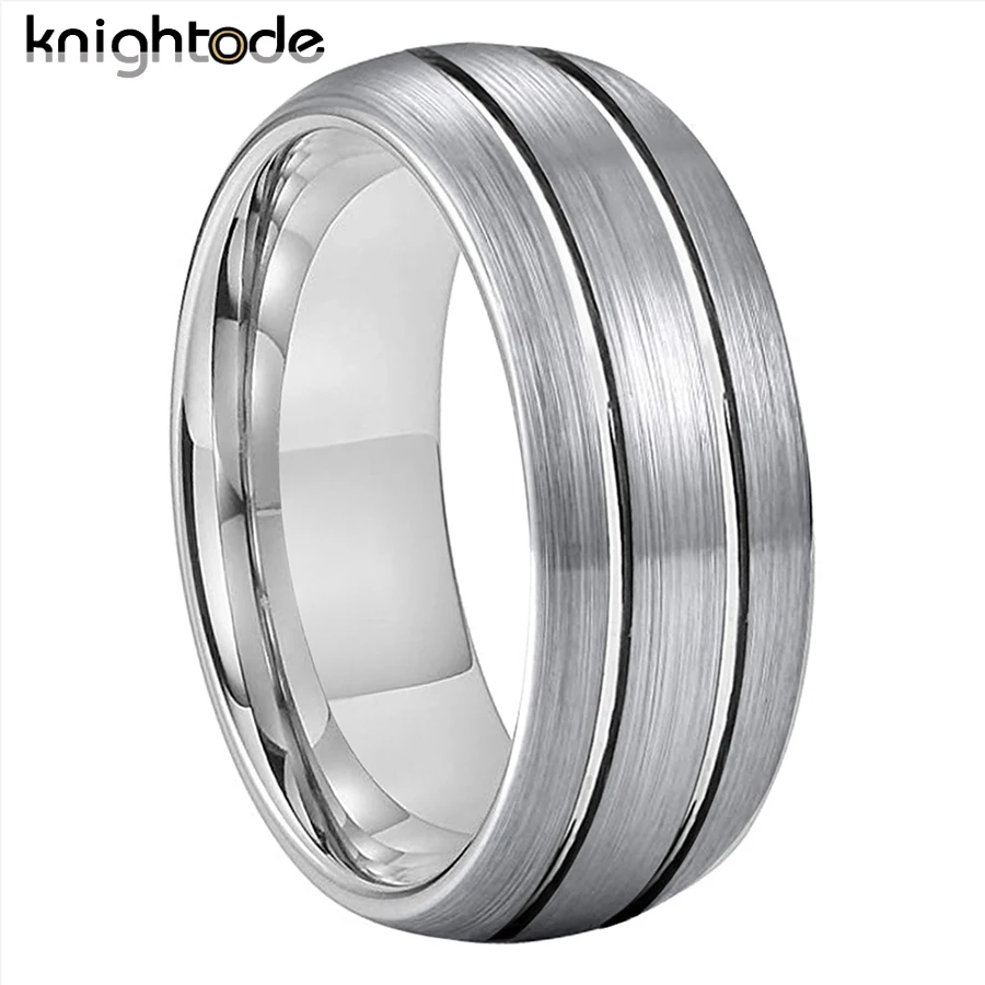 Original Color 8mm Tungsten Carbide Engagement Rings Men Women Wedding Band Double Groove Dome Brushed Comfort Fit Size 5-15