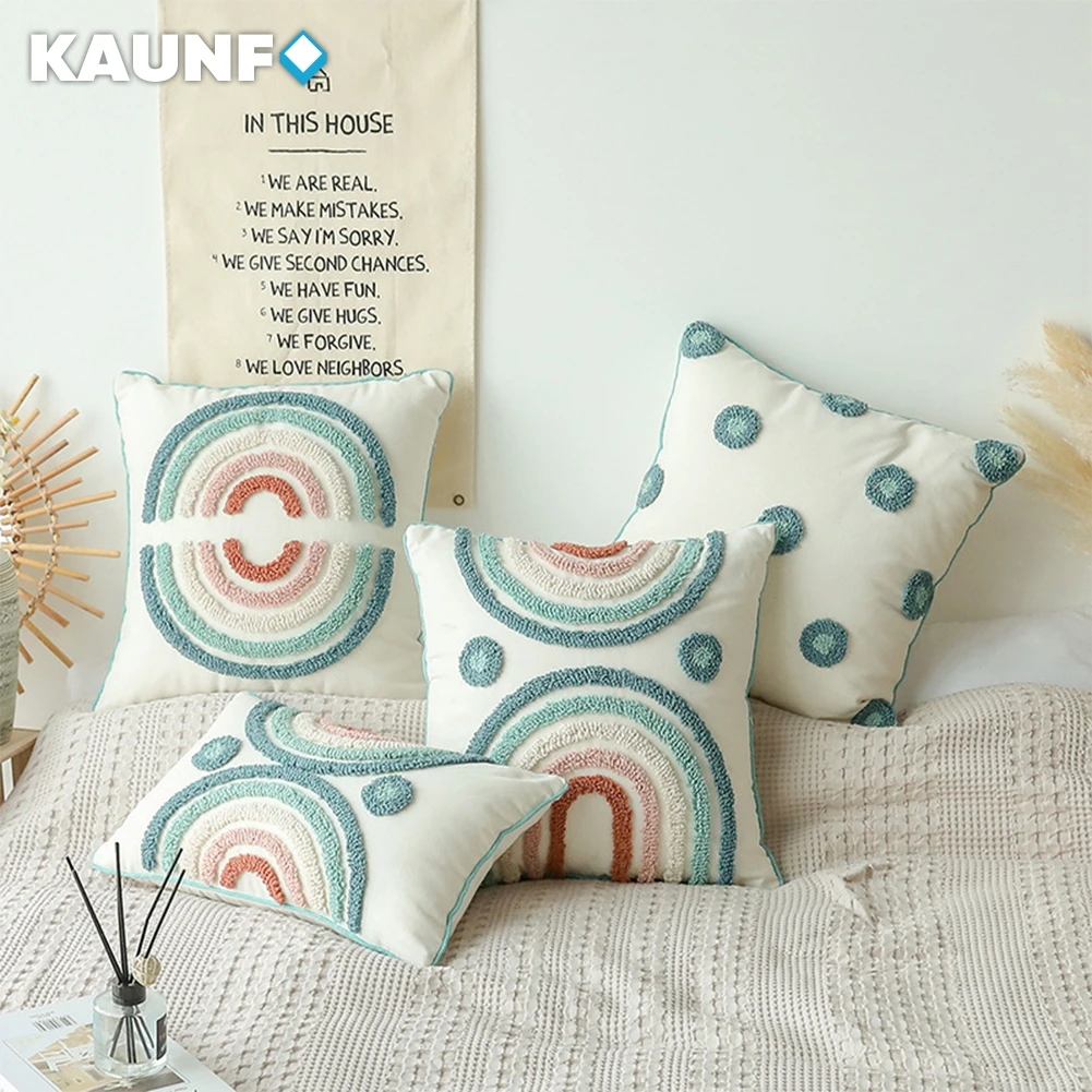 

KAUNFO White Flocked Rainbow Ring Pillowcase Cushion Cover 30x50cm 45x45cm Sofa Decorative Pillow Cover 1PC