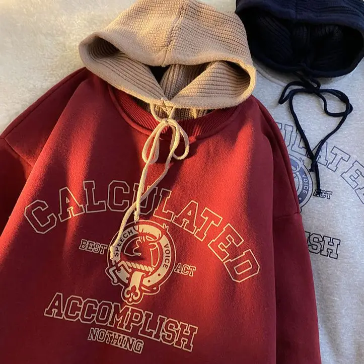 Pullover Oversize Wine Red Round Neck Fleece-Lined Sweater Women'S Men Ins Loose Large Size American Retro Thickened Coat