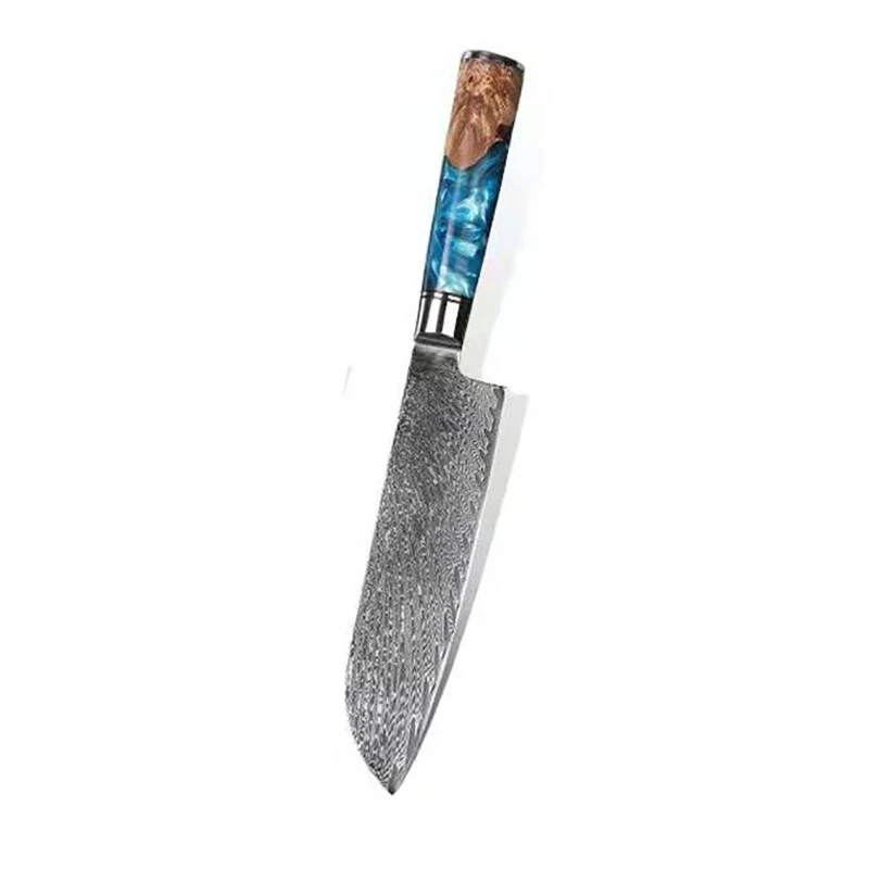 

Нож Santoku с ручкой из древесины и смолы, лезвие из дамасской стали 67 слоев, острый шеф-повар, резак для нарезки, нож 10Cr15MoV, кухонные инструменты для готовки