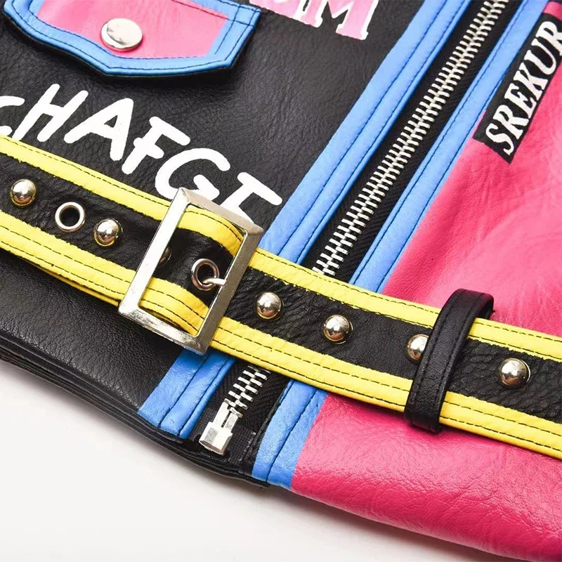 Punk Studded Motorcycle Leather Jacket for Women 2024 Trend Streetwear Graffiti Print Contrast Faux Leather Cropped Jacket