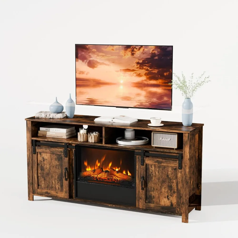 Fireplace TV Stand with Sliding Barn Door for 70 Inch TV,Farmhouse Entertainment Center with 23" Fireplace,Rustic Media Console 2