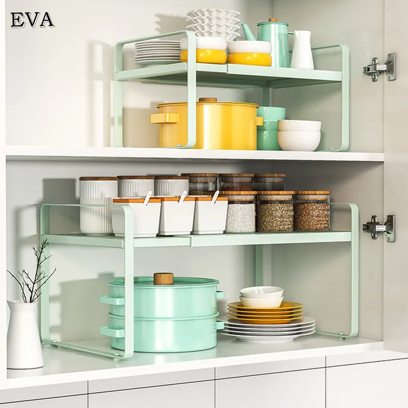 

Telescopic Shelf Kitchen Cabinet Tiered Storage Rack Dish Spice Kitchenware Countertop Compartment Board Storage Racks