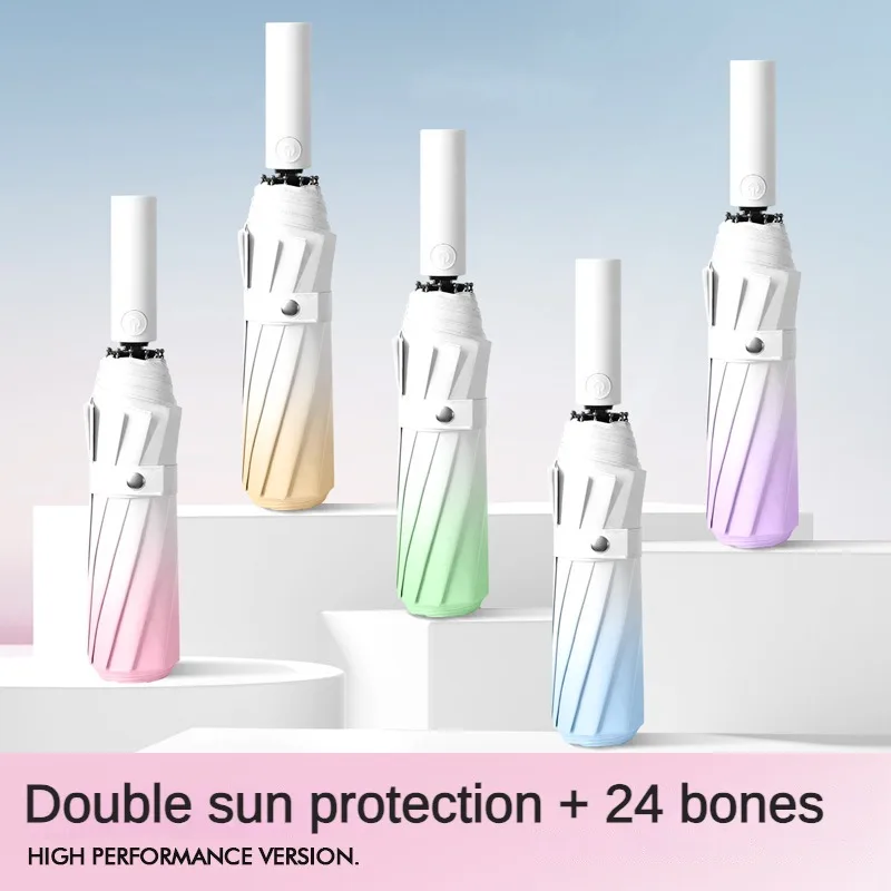 

Automatic 3 Folding Umbrella for Women, Gradient, UV Resistant, Sunny and Rainy Vinyl Sunshade, Windproof Large Umbrellas