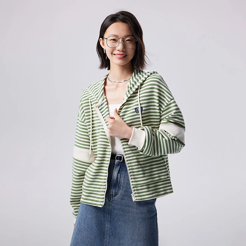 ToyouthWomenStripedHoodedCardigan2023AutumnLongSleevesLoose