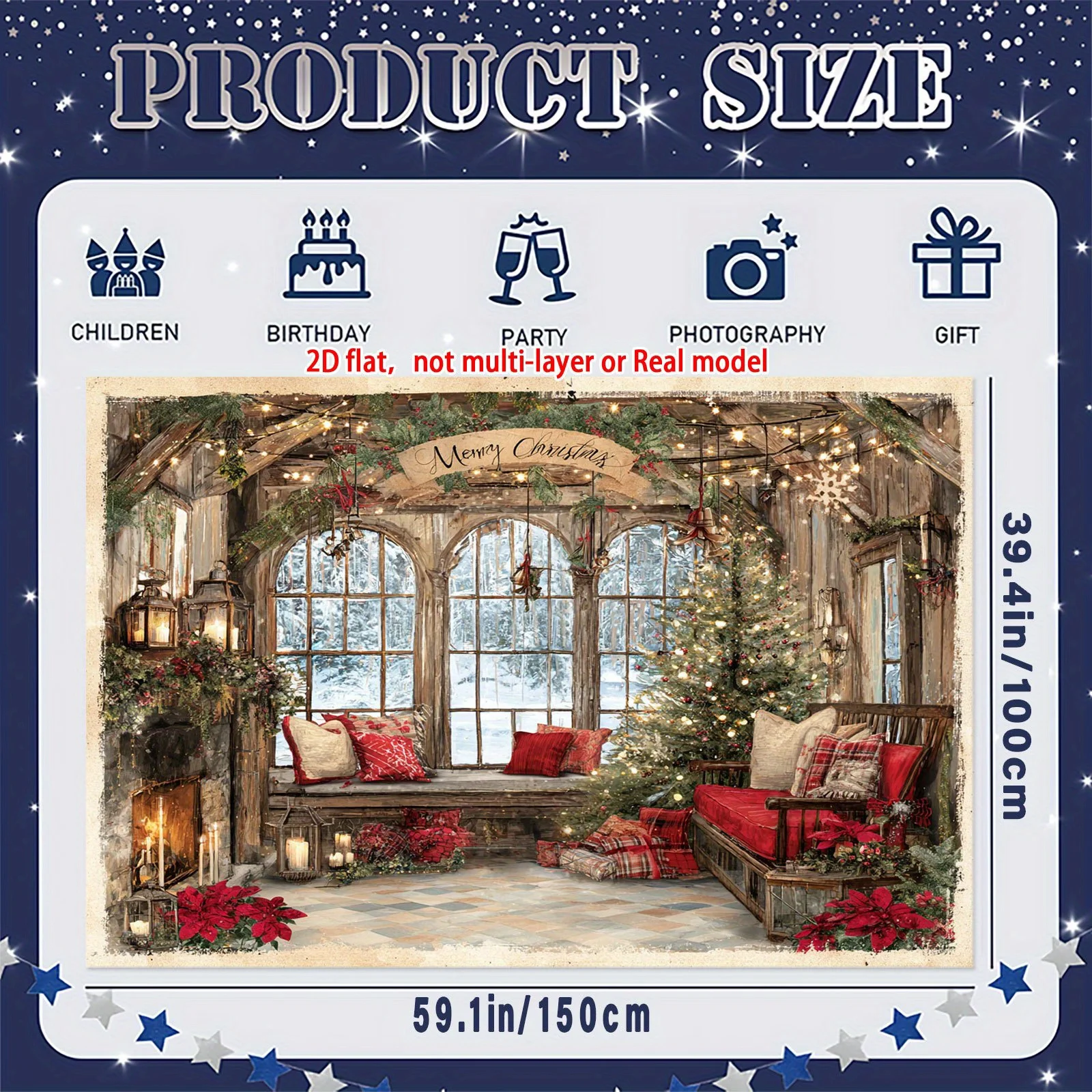 2D flaches, elegantes Landhaus-Weihnachts-Winterszene-Hintergrundbanner für eine Person, Weihnachts-Hintergrundtuch – Detail 6