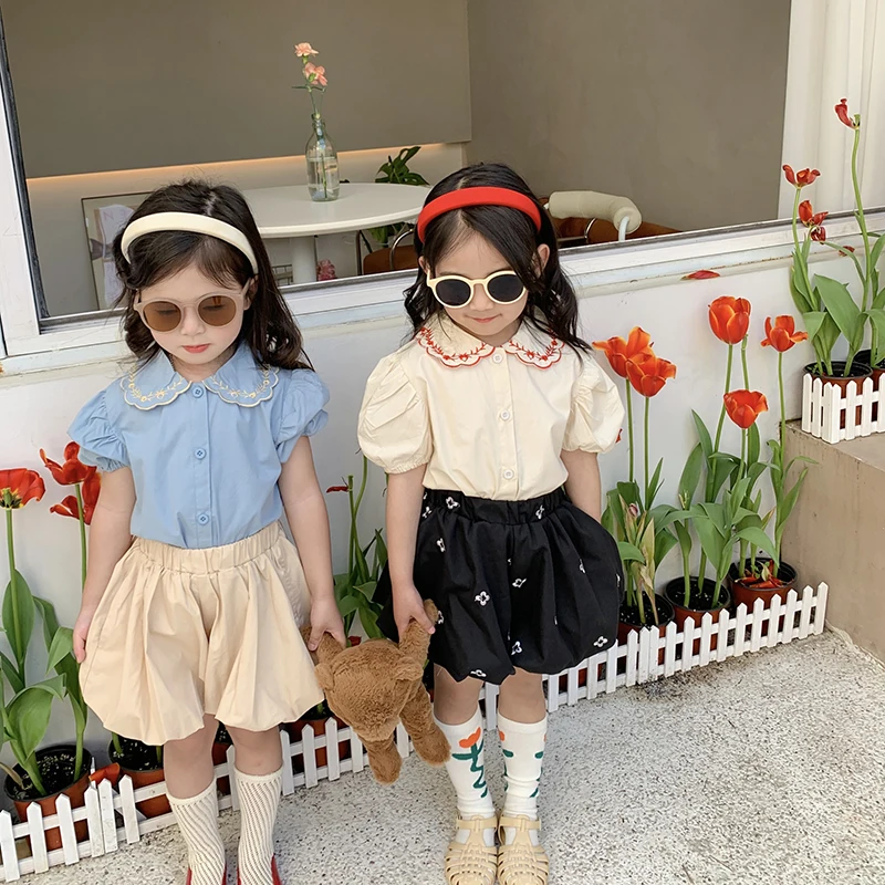 Summer Girls Pants Floral Puffy Shorts Solid Color Children Cotton Bloomers 1-6 Years Kids Shorts