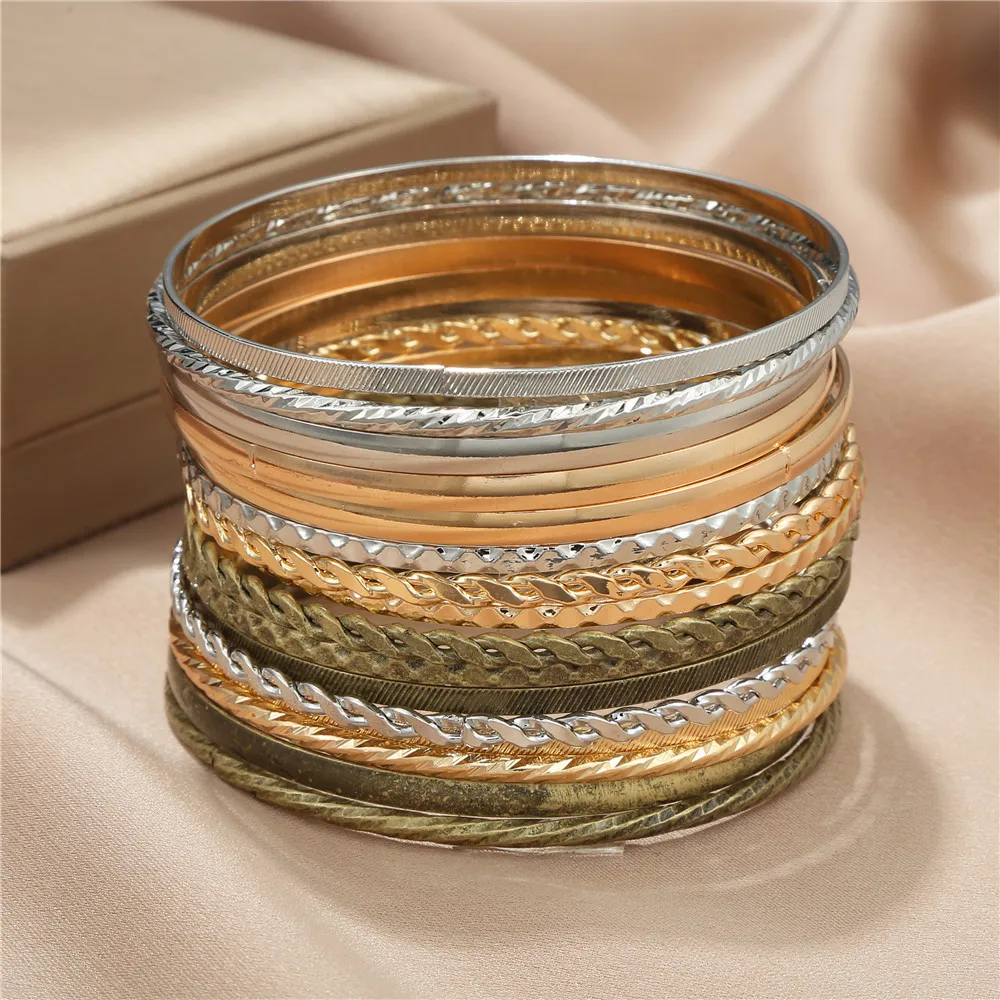 Gold Color Metal Alloy Big Circle Bracelet Bangles Sets For Women Girls Punk Bracelet Jewelry 12PCS/SET 6.8CM bracelet jewelry
