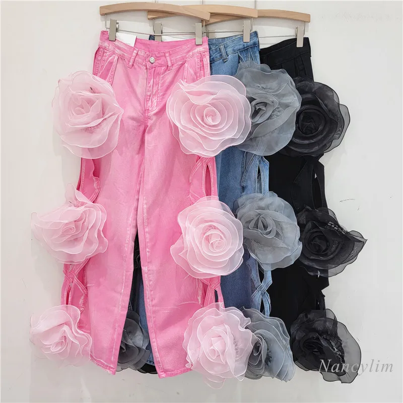 

Design Sense High Waist Hollow-out Flower Design Pink Mop Trousers Women's Summer Wear Wide-Leg Jeans Fashion Denim Pants