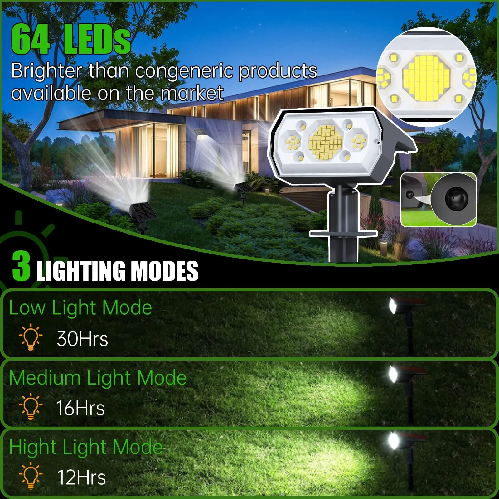 LED Solar Spot Light 64 LED Outdoor Garden Solar Landscape Spotlights Waterproof 3 Modes Wall Light Door Backyard Garage 2