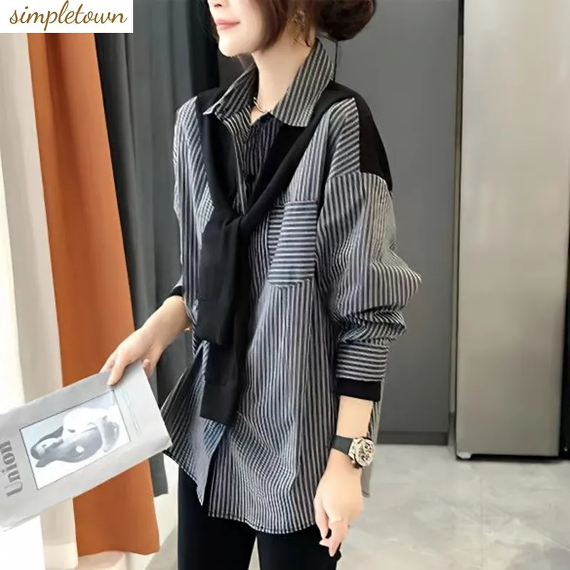 Dragging Cool Women's High End Black Grey Stripe Top Shirt Women's Design Sense Fashion Outwear Versatile Style New Style