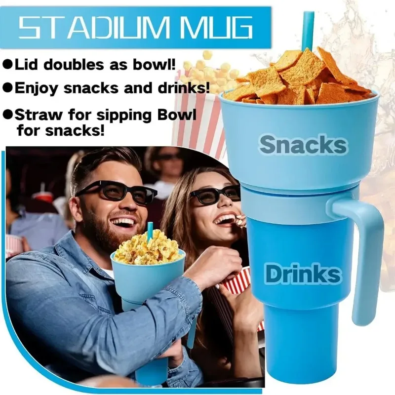 Creative Straw Cup 2 in 1 Snack Drink Cup Fried Chicken Popcorn Cola Storage Cups with Handle Snack Portable Water Bottles