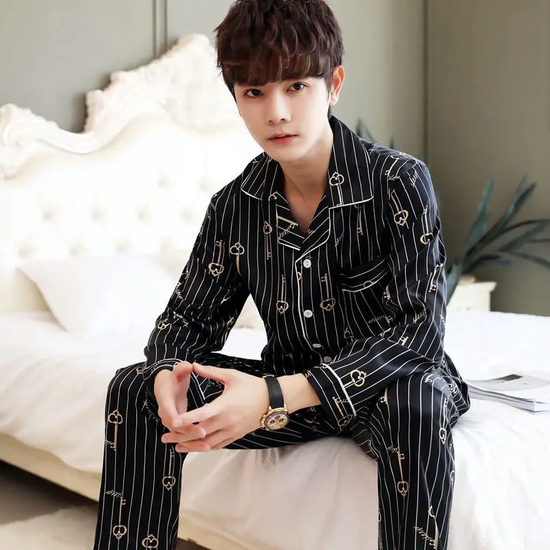 Luxury Brand Silk Pajamas Men Long Sleeve Button Shirt Long Pant Pajama Sets Homewear Loungewear Korean Loose Sleepwear New