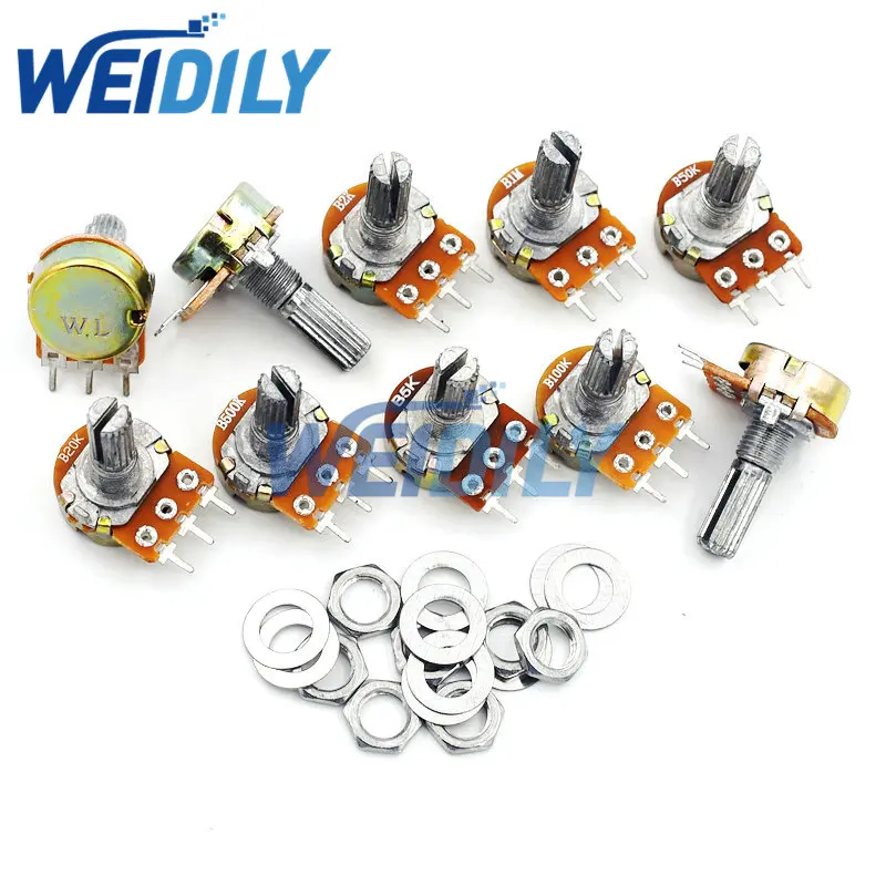 

10PCS WH148 Linear Potentiometer Kit 20mm Shaft With Nuts And Washers Single Joint 3 pin Knob Switch Potentiometers B1K-B1M