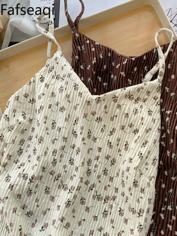 

Corduroy Slip Dresses for Women 2024 Spring New Long Floral Dress Korean All-match Beautiful Women's Birthday Dress Vestidos