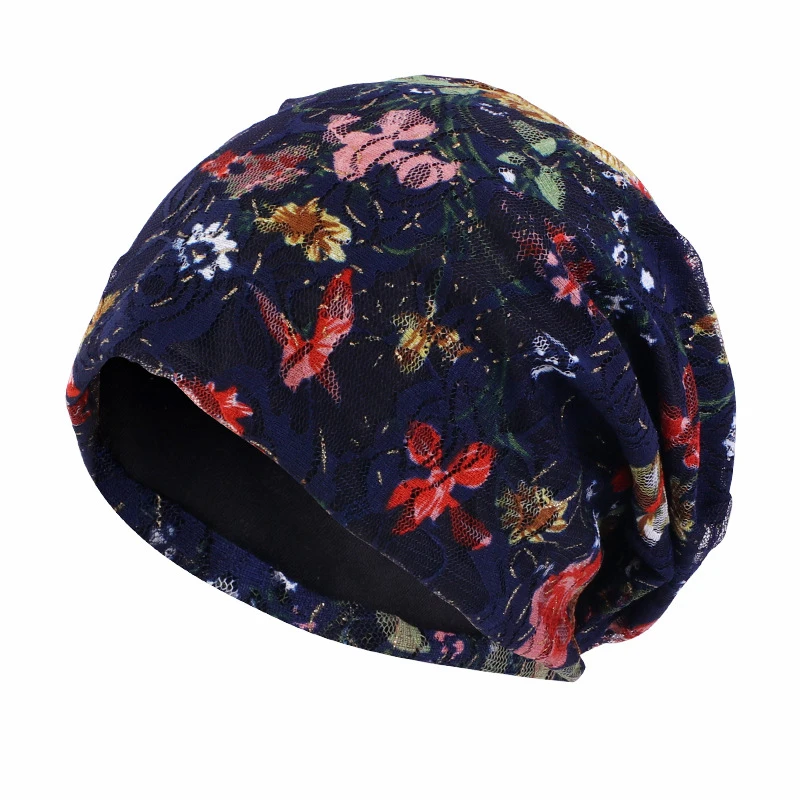 New Women Print Turban Cap Hat Stretch Lace Hijab Scarf Cancer Chemo Beanie Headscarf Hair Loss Head Wrap Slouch Bonnet Headwear 2