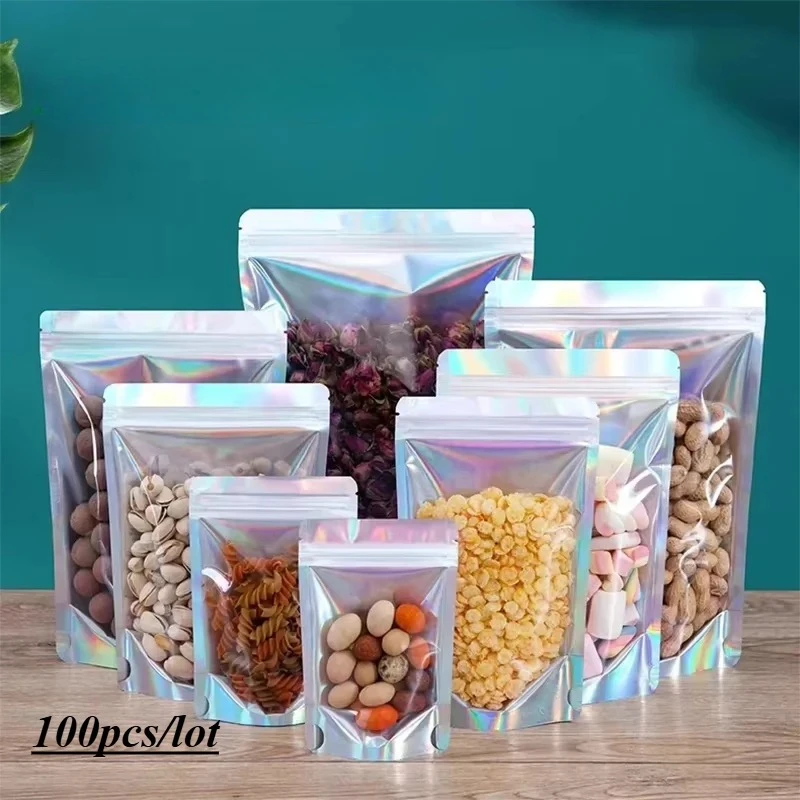 100pcs 실버 쿠키 스낵 식품 커피 말린 과일 파우더 캔디 홀로그램 ZipLock Mylar 쥬얼리 선물 포장 저장 가방