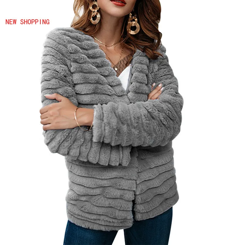  New Women Soft Rabbit Fur Coat Autumn Long Sleeve Windbreaker Quality Thick Jackets Plus Size Slim Winter Fur Jacket Gray