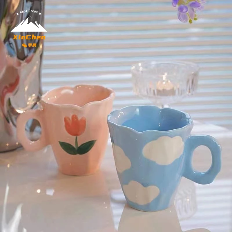 

Ins Style Handmade Ceramic Irregular Coffee Mug 300ml Cute Bear Tulip Cloud Household Milk Cup Creative Fashion Birthday Gift