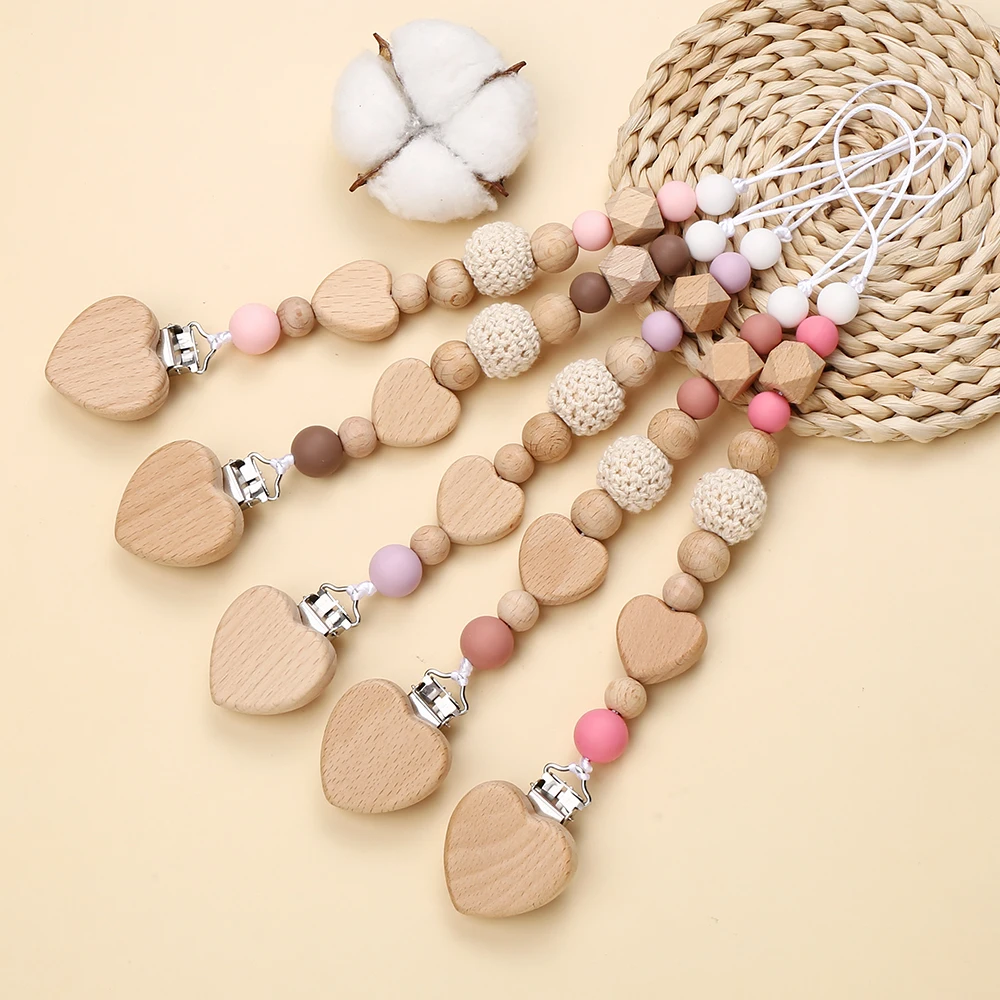 Handmade Heart Wooden Pacifier Clip Silicone Beads Natural Beech Wood Baby Shower Gift