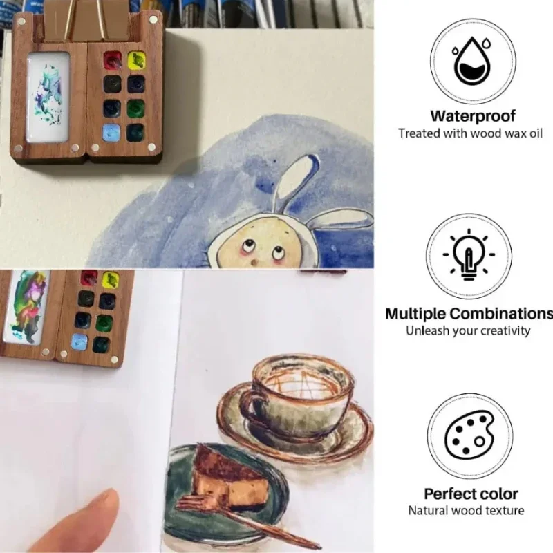 Watercolor Palette Portable Travel Wooden Handmade 8 Grid 0.5ml Watercolor Paint Palette Oil Paints Tray Box