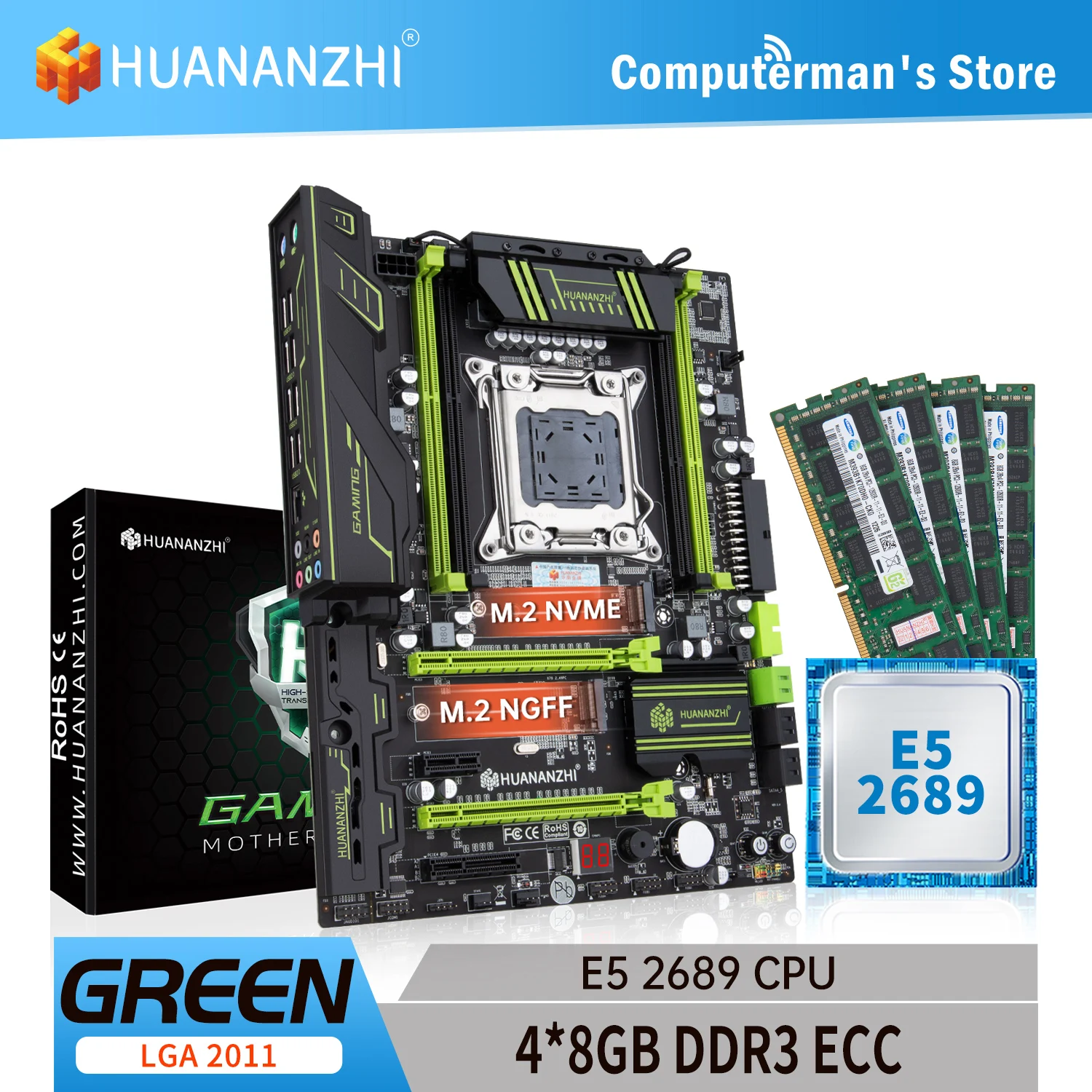 

HUANANZHI X79 GREEN LGA 2011 X79 Motherboard with Intel XEON E5 2689 Memory 4*8GB DDR3 RECC supports M.2 NVME NGFF USB3.0 ATX