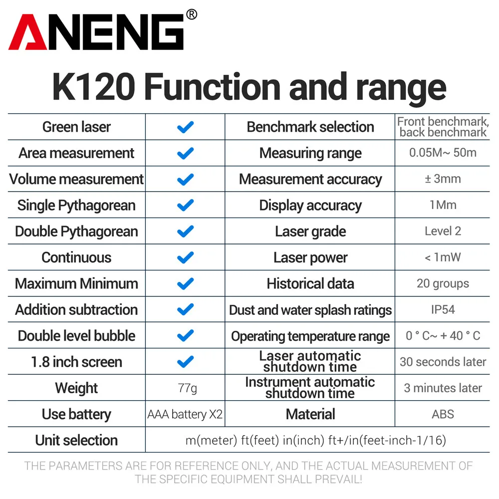 ANENG K50/70/100/120 Laser Rangefinder Volume/Area Measure &plusmn;3mm Measurement accuracy 20 Group Data Storage Diastimeter Test Tool laser rangefinder distance meter