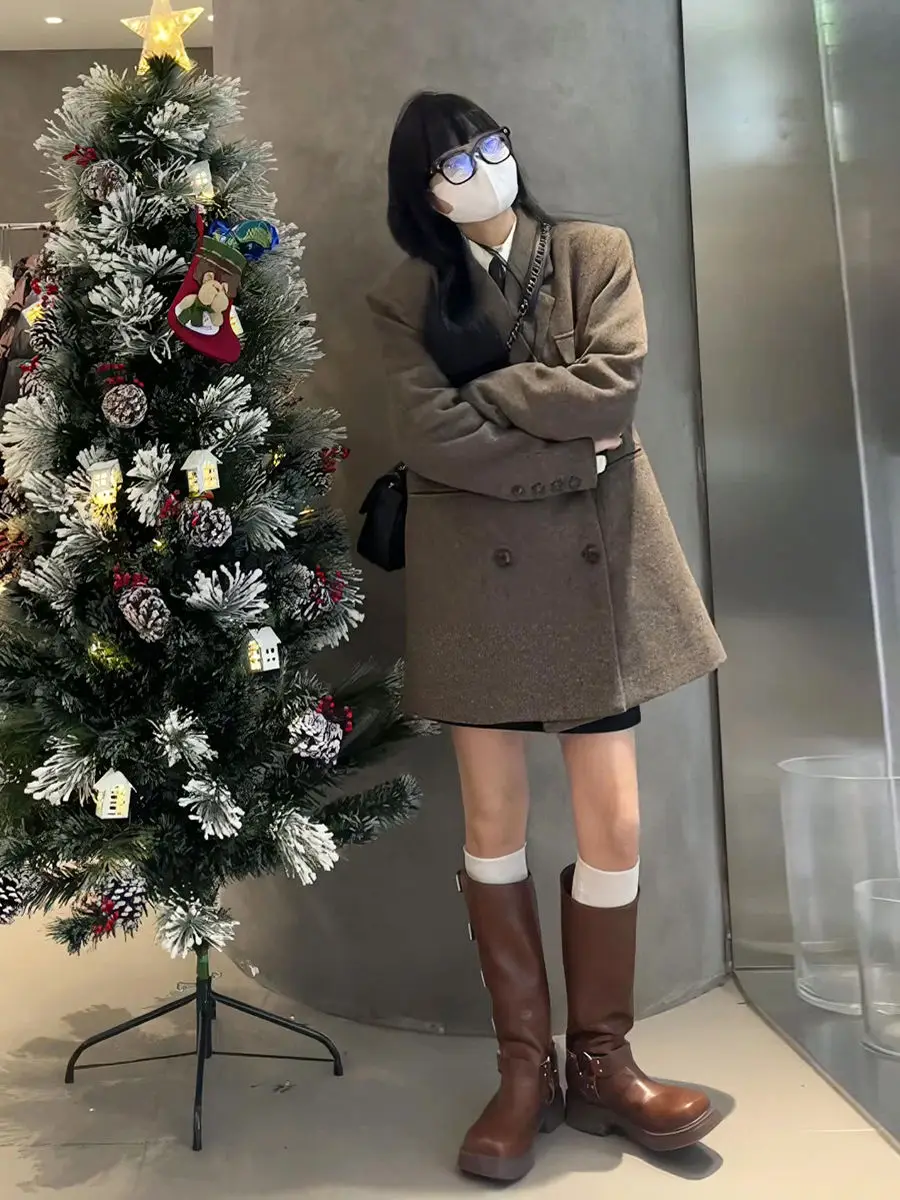 Women's Autumn/winter Cotton College Style Short Woolen Blazer Retro Casual Solid Color Loose Double Breasted Woolen Suit Jacket