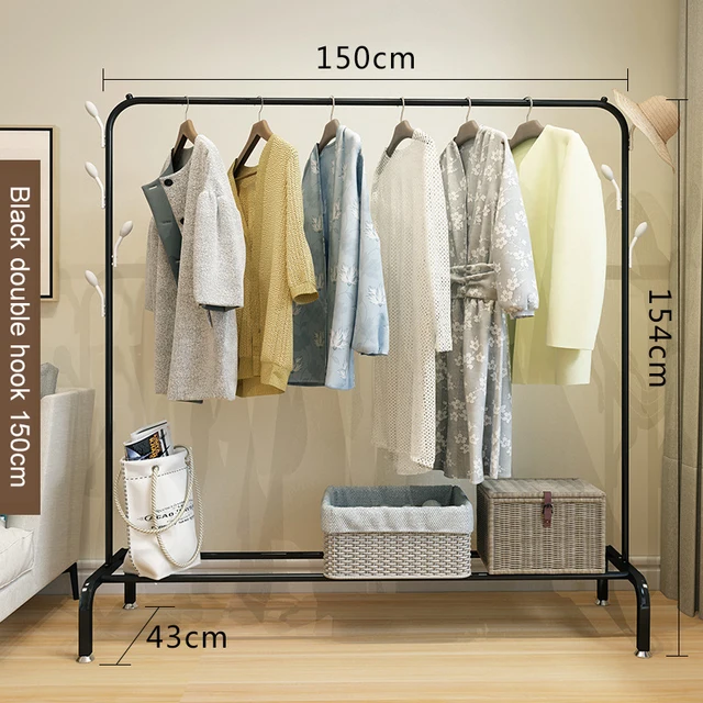 Garment Rack Floor Standing Clothes Hanger Double Pole Coat Rack Wardrobe Clothing Drying Rack Mobile Cloth Rail Home Furniture B Double hook 150cm