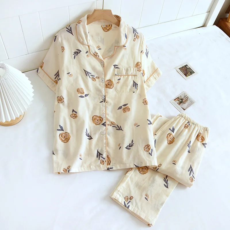 

Short Sleeved Long Pants Pajamas Suit for Women's Home Wear Cotton Summer Air-conditioned Roomwear Set with Flowers Printing