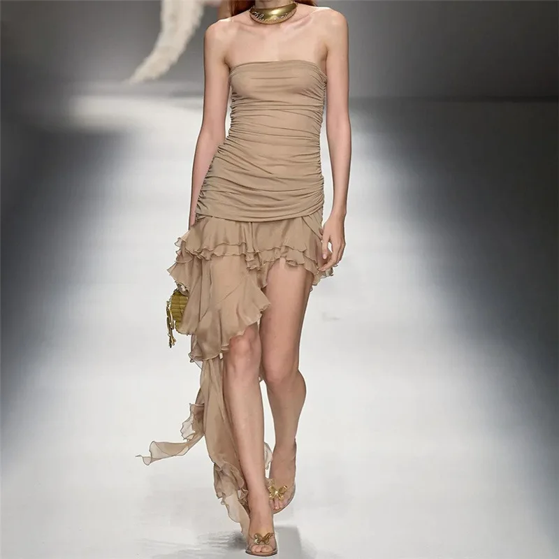 

Sexy Strapless Dresses Summer Women's Dress 2024 new Skinny SLeeveless Irregular ruffled hem Solid waist Mini pleated dress