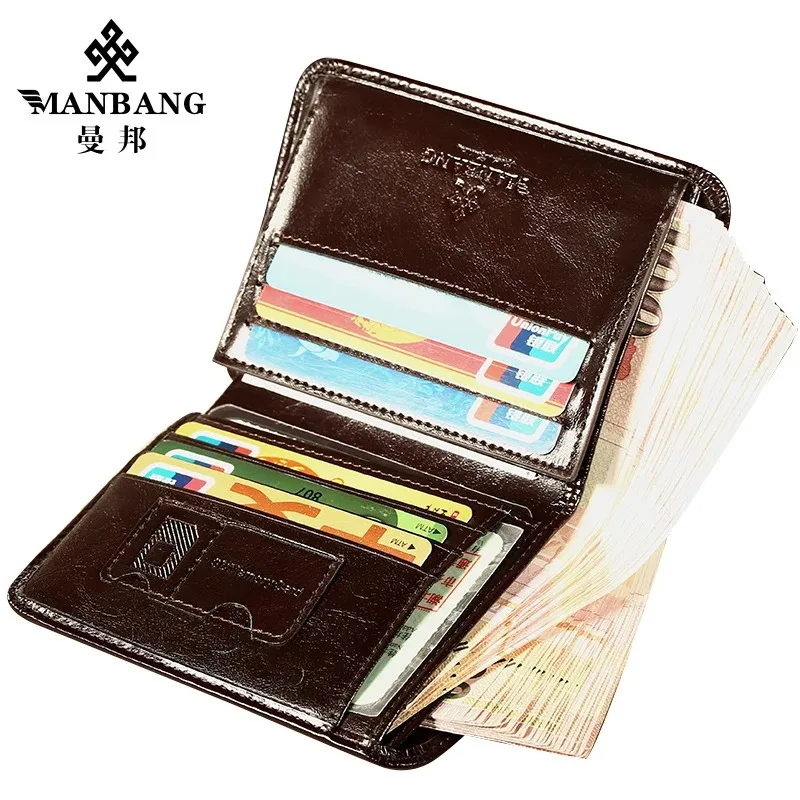 ManBang Luxury Men Wallet Genuine Cow Leather Male RFID Trifold Short Purse For Men with ID Window and Credit Card Holder 3
