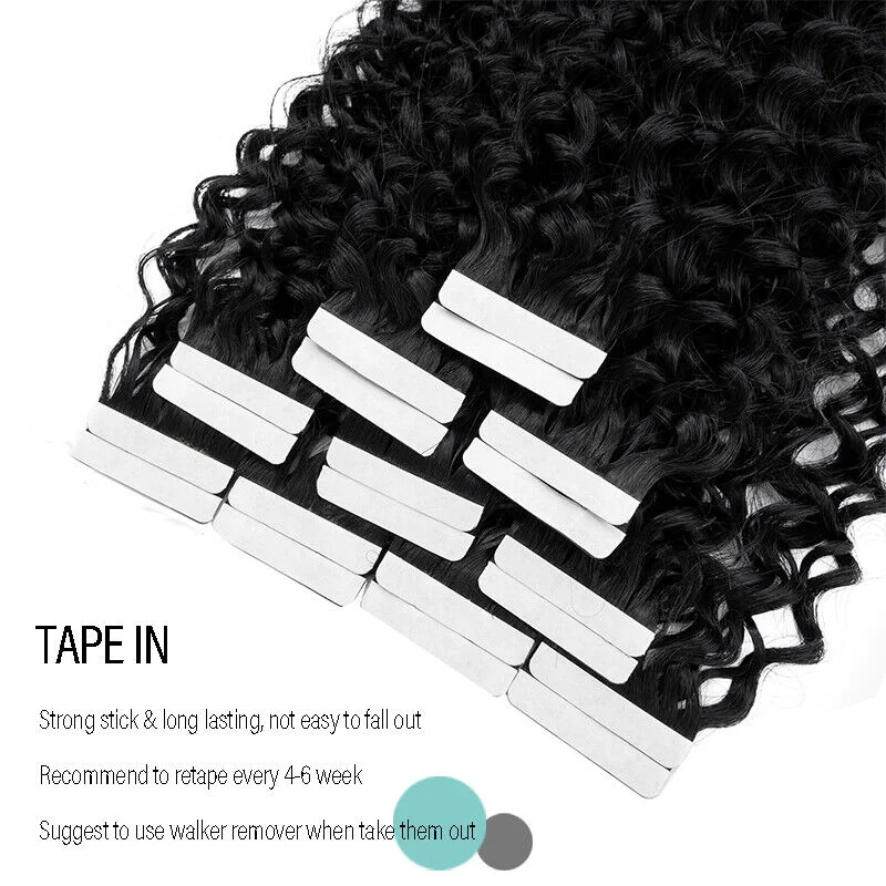 Curly Tape In Extensions Human Hair Deep Wave Brazilian Natural Human Hair Extensions Invisible Seamless Curly Tape Ins 50G/Pack