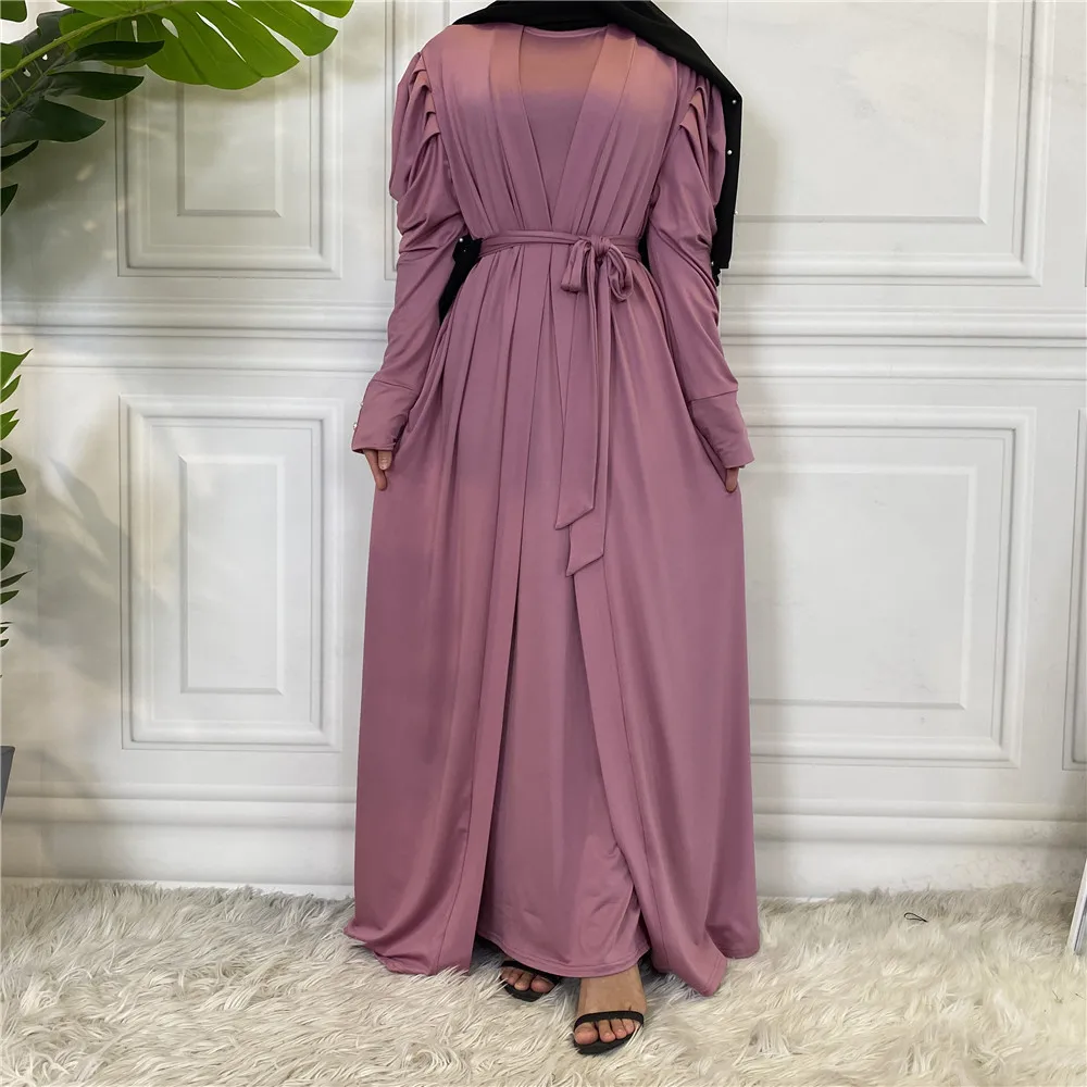 

Eid Muslim Long Dress Simple Women Long Sleeve Caftan Dubai Abaya Solid Robe Lace-up Party Dresses Ramadan V-neck Women Abayas