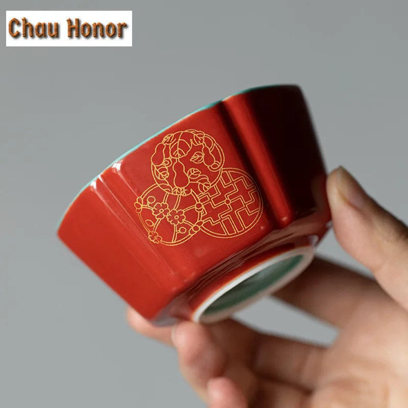 2pc/set Boutique Palace Red Glaze Art Ceramic Tea Cups Hot Stamping Hydrangea Master Cups Lager Chrysanthemum Petals Cups 75ml