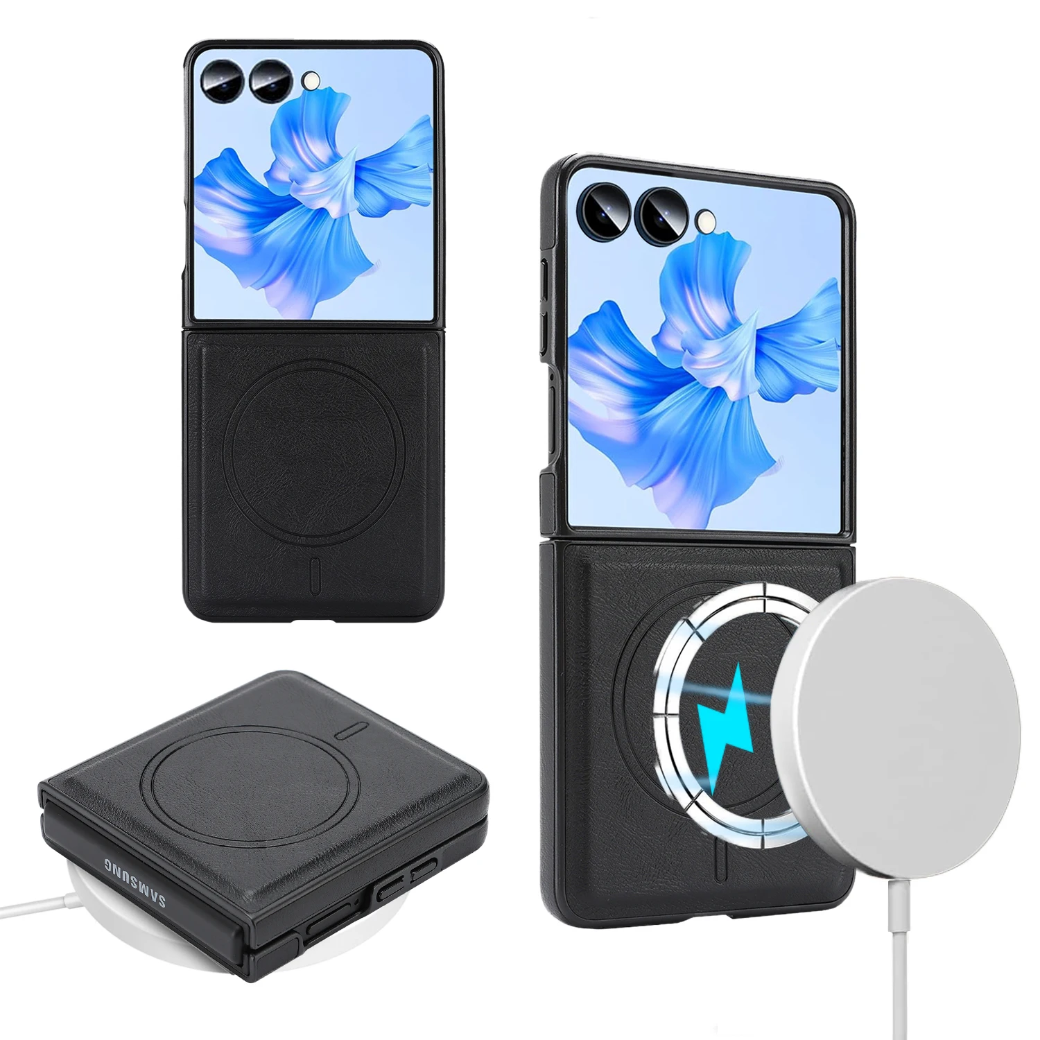 Luxury Magnetic PU Leather Phone Case with Wireless Charging Cover
