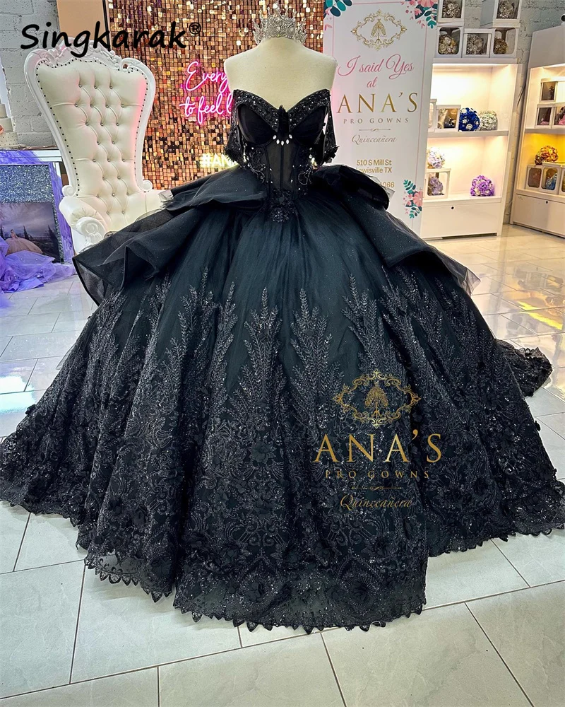 Luxury Black Crystals Ball Gown Quinceanera Dresses Appliques Lace Off The Shoulder Beads Sweet 16 Dress main image 0