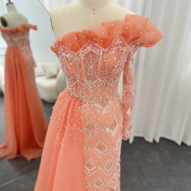 Luxury Dubai Coral Mermaid Evening Dresses for Women Wedding Elegant Scalloped One Shoulder Formal Party Gown SCZ003 4
