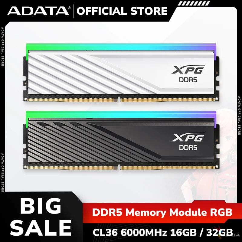thumbnail image 1 of ADATA XPG DDR5 RAM Memory Module RGB 6000MHz 16GB 32GB Desktop DRAM Module with Heatsink Black White CL 36, 1 of 4