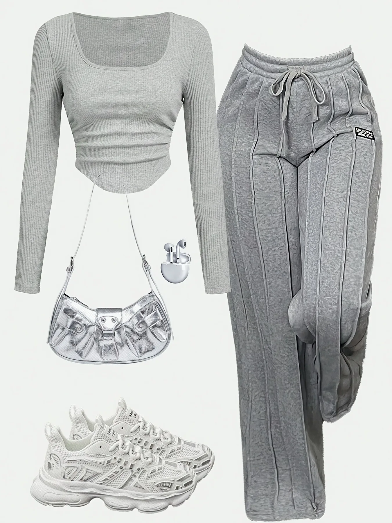 Girls 2 Piece Y2K Streetwear Set Square Neck Ribbed Ruched Top High Waist Wide Leg Sweatpants, Light Grey Casual Coquette Outfit